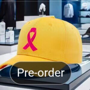 One size Yellow cap with Breast cancer ribbon in red.